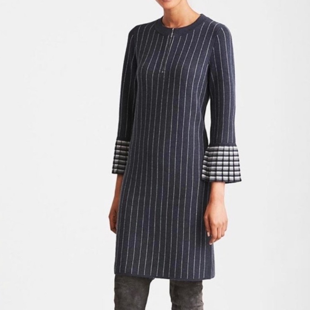 Etcetera Navy Pinstripe Knit Mini Dress with Textured Cuff